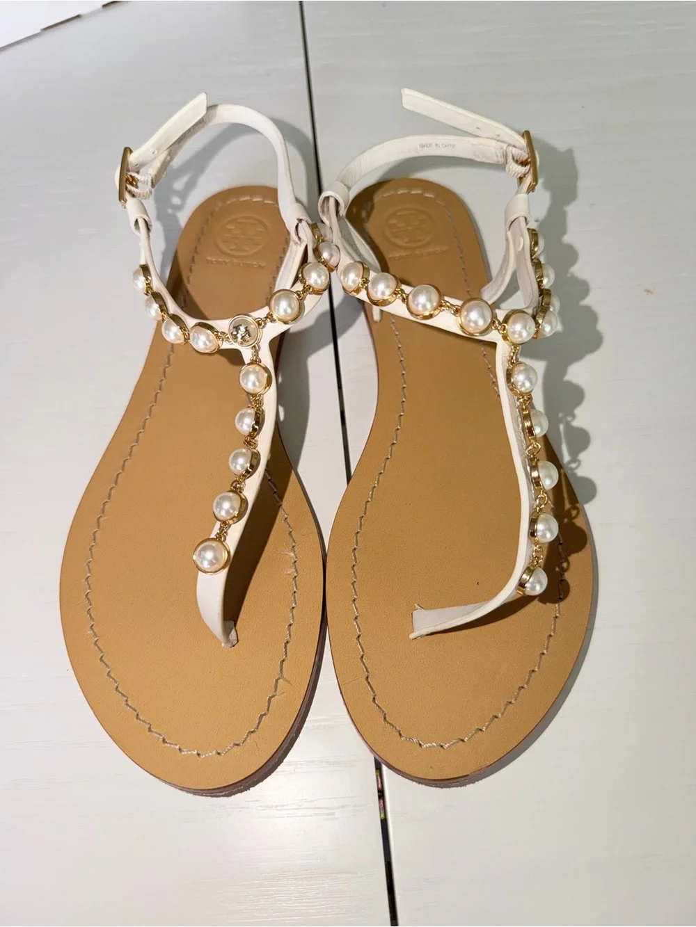 Tory Burch Emma Sandals-White Pearl-Embellished T-Strap Sandals
